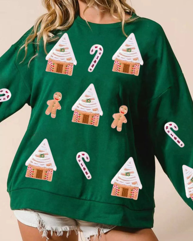 Christmas Gingerbread House Sequin Sweatshirt Green