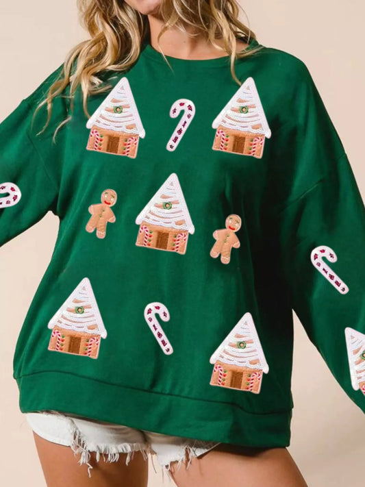 Christmas Gingerbread House Sequin Sweatshirt Green