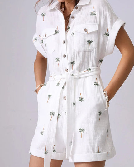 Palm Tree Print Short Sleeve Button-Up Romper with Belt