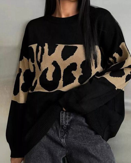 Leopard Color Block Round Neck Sweater