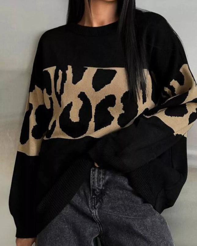 Leopard Color Block Round Neck Sweater