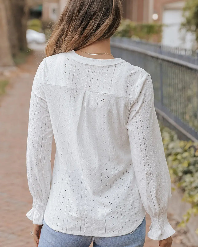 Openwork Notched Flounce Sleeve Blouse 