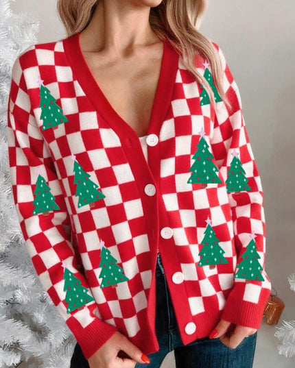 Christmas Tree Pattern Checkered Button V Neck Cardigan Deep Red