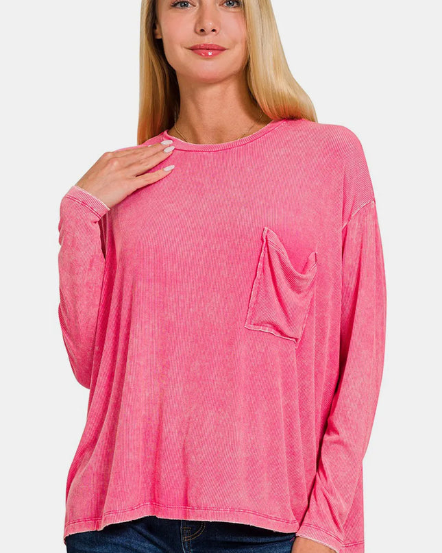 Zenana Round Neck Long Sleeve T-Shirt FUCHSIA