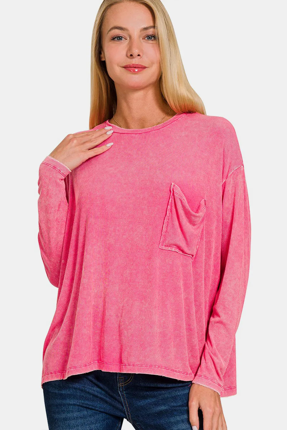 Zenana Round Neck Long Sleeve T-Shirt FUCHSIA