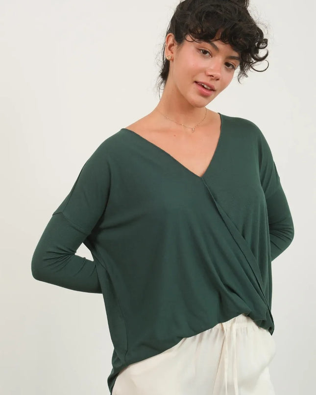 HYFVE Draped Drop Shoulder Long Sleeve Top Dark Green