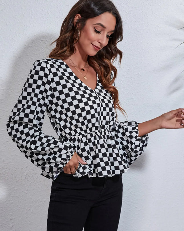 Checkered V-Neck Balloon Sleeve Peplum Blouse