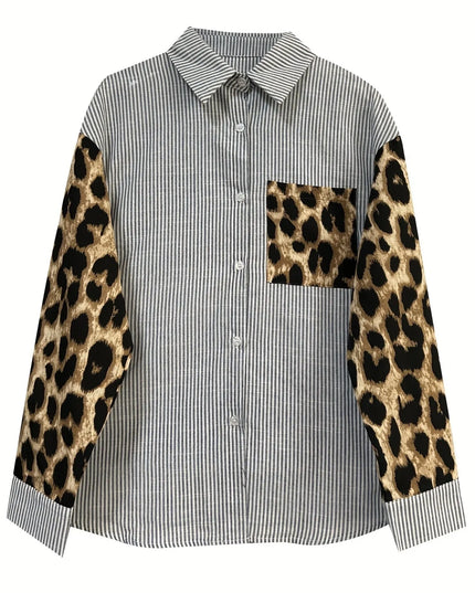 Leopard Print Sleeve Striped Button-Down Shirt