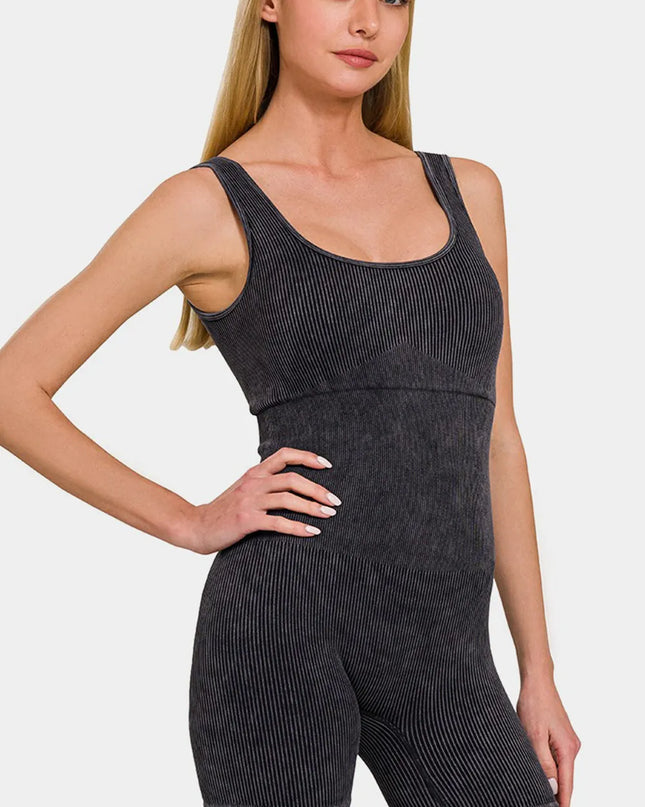 Zenana Washed Ribbed Romper with Pad Black