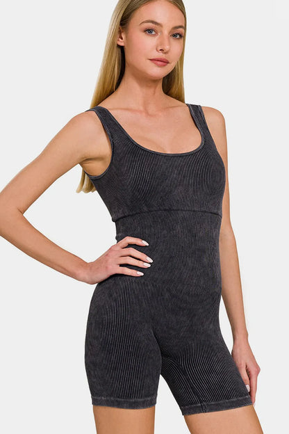 Zenana Washed Ribbed Romper with Pad Black