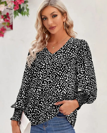 Printed V-Neck Lantern Sleeve Blouse