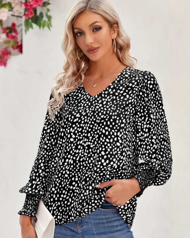 Printed V-Neck Lantern Sleeve Blouse