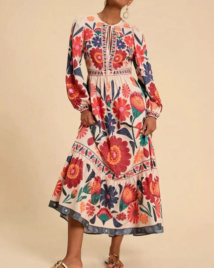 Floral Tie Waist Long Sleeve Dress