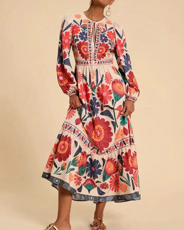 Floral Tie Waist Long Sleeve Dress