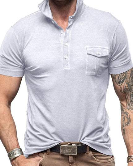 Men's Classic Pocket Polo Shirt with Stand Collar White