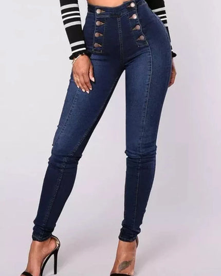 Full Size High-Waisted Double-Breasted Skinny Jeans Plus Size Dark Blue