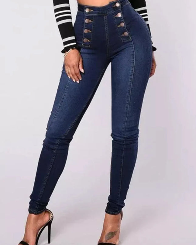 Full Size High-Waisted Double-Breasted Skinny Jeans Plus Size Dark Blue