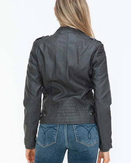 Snobbish PU Leather Biker Jacket with Side Zip Pockets