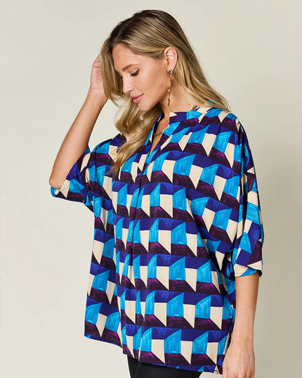 Double Take Full Size Geometric Notched Half Sleeve Blouse