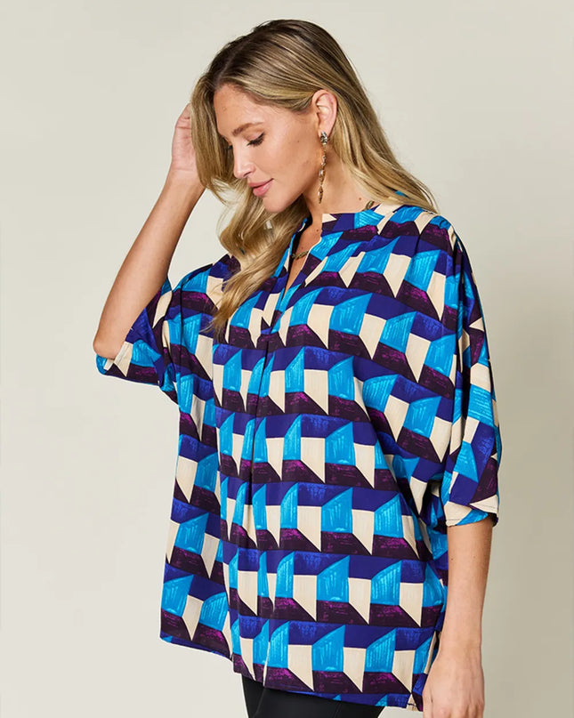 Double Take Full Size Geometric Notched Half Sleeve Blouse