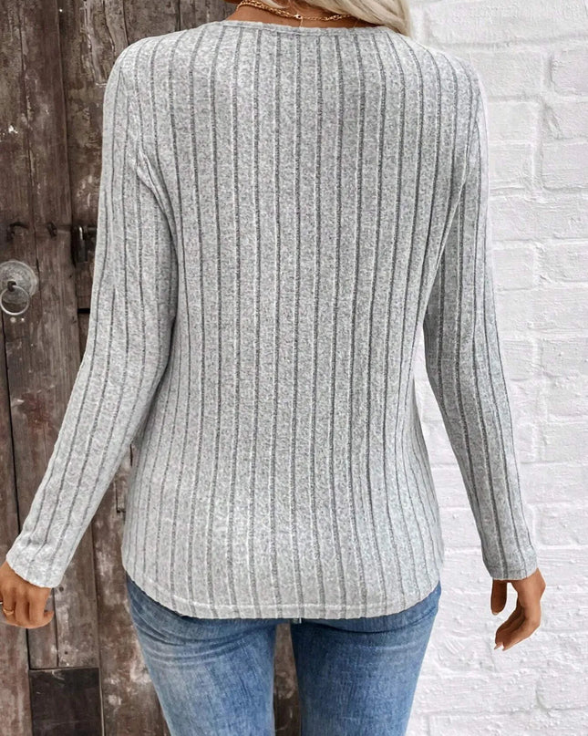 Ribbed V-Neck Long Sleeve Knit T-Shirt