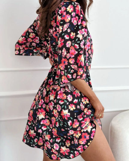 Floral Print V-Neck Ruffle Mini Dress