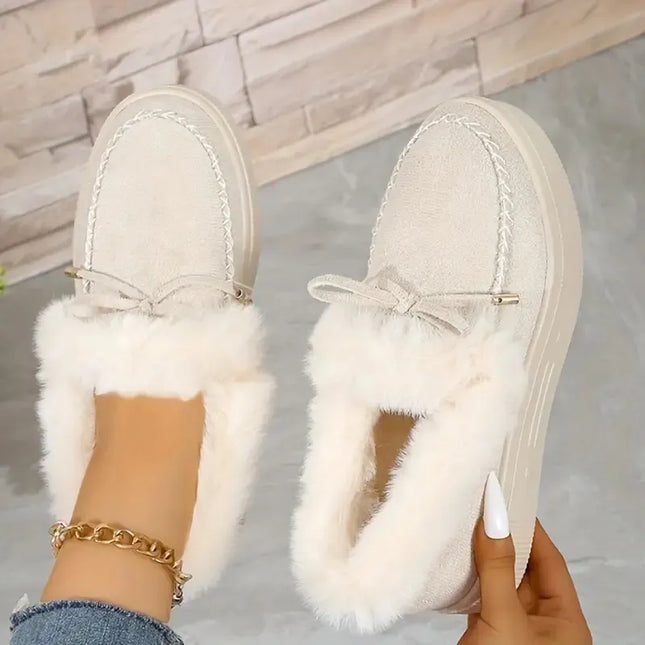 Bow Furry Round Toe Flat Slip-Ons Beige