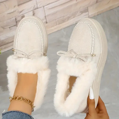 Bow Furry Round Toe Flat Slip-Ons Beige