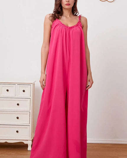 Double Take Full Size Ruffle Trim Tie Back Cami Jumpsuit with Pockets Hot Pink