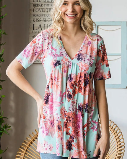 Heimish Full Size Floral V-Neck Short Sleeve Babydoll Blouse MINT