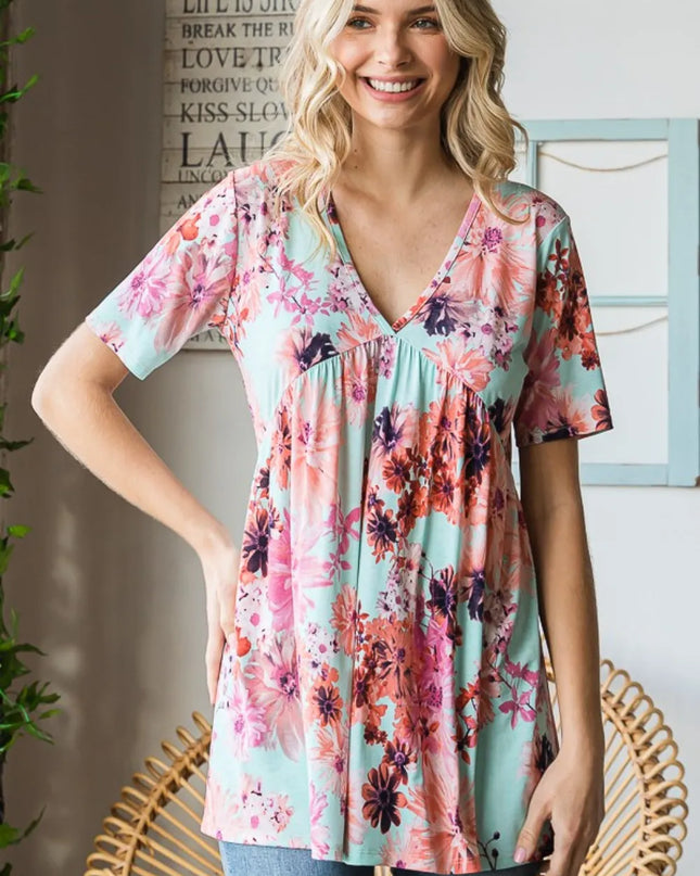 Heimish Full Size Floral V-Neck Short Sleeve Babydoll Blouse MINT