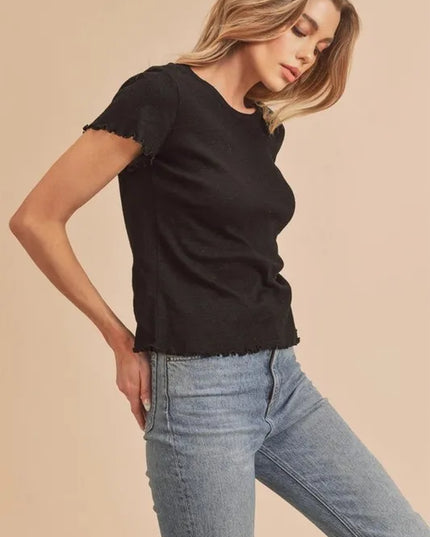 Aemi+Co Round Neck Lettuce Hem Short Sleeve T-Shirt