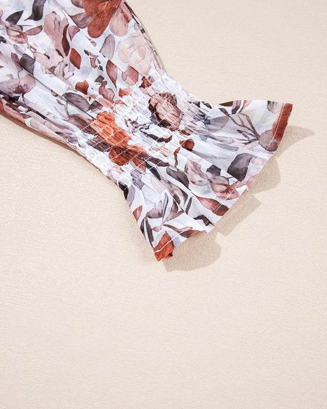 Floral Print Sweetheart Neck Long Sleeve High Waist Mini Dress