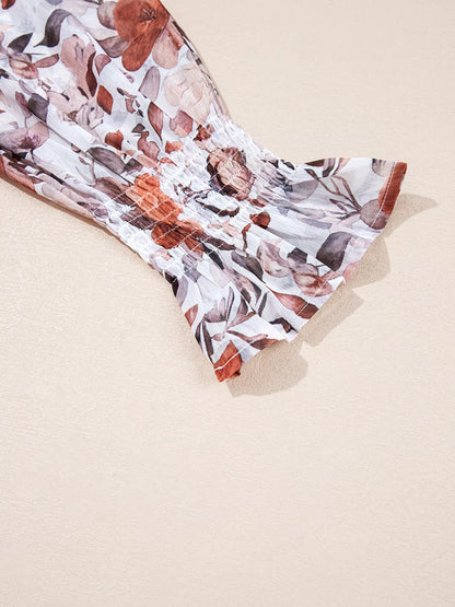 Floral Print Sweetheart Neck Long Sleeve High Waist Mini Dress