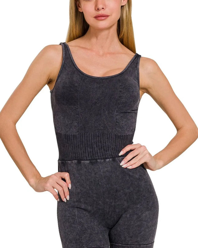 Zenana Washed Sports Romper With Removable Bra Pad