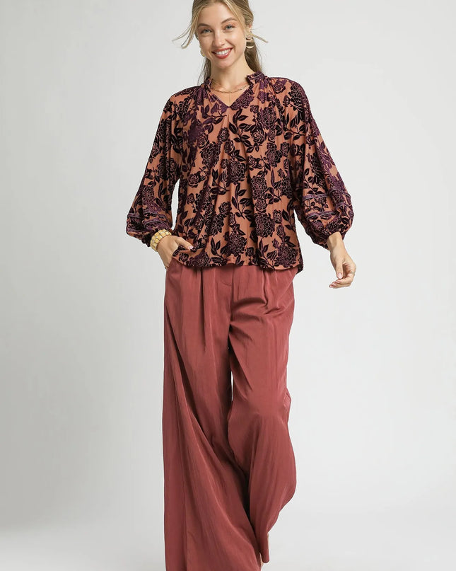 Umgee Floral Velvet Blouse with Balloon Sleeves