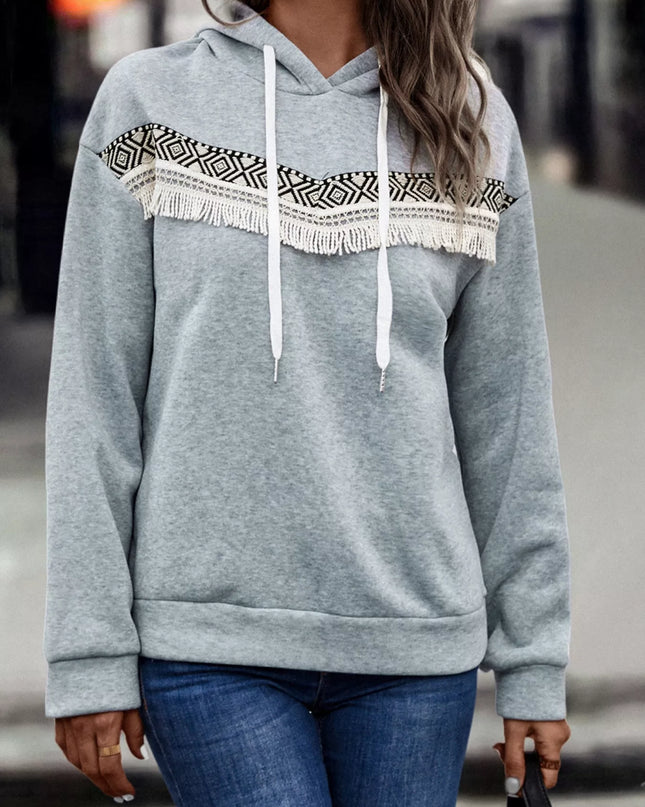 Fringe Detail Long Sleeve Drawstring Hoodie