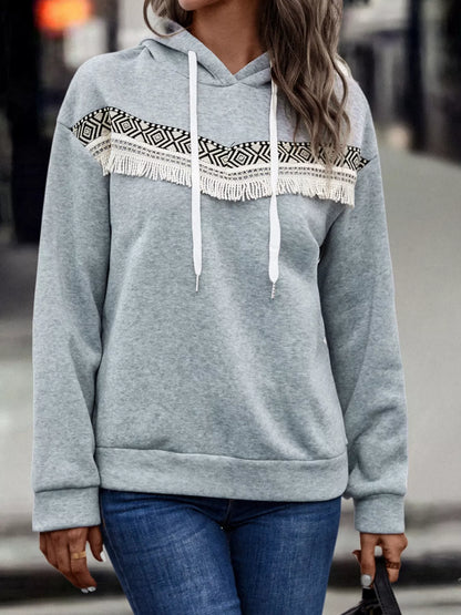 Fringe Detail Long Sleeve Drawstring Hoodie