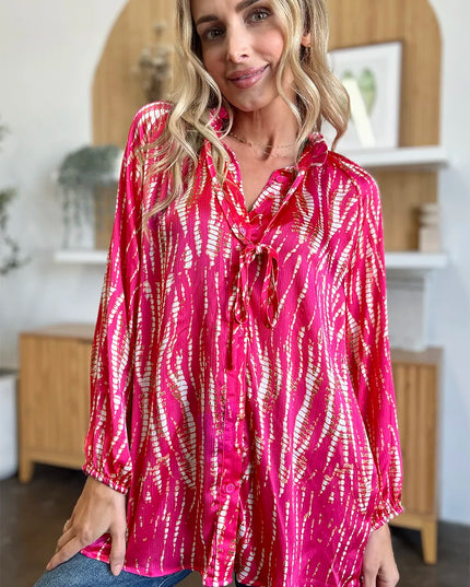 Double Take Full Size Printed Button Up Long Sleeve Shirt