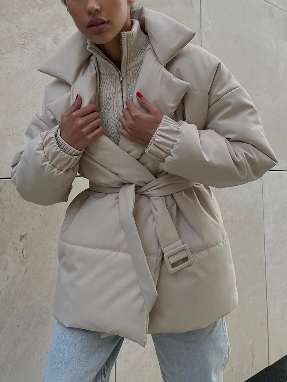 Puffer Long Sleeve Winter Coat with Belt Dust Storm