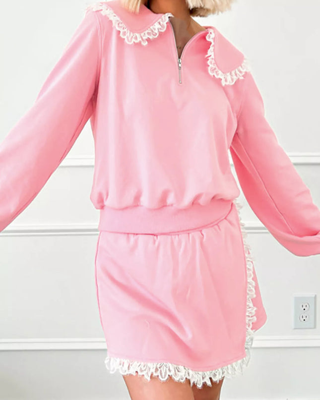 Peter Pan Lace Embellished Neck Sweatshirt and Skirt Two Piece Set Dusty Pink