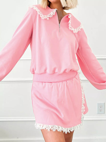 Peter Pan Lace Embellished Neck Sweatshirt and Skirt Two Piece Set Dusty Pink