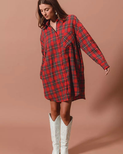 SO ME Christmas Checker Plaid Button Up Shirt Dress