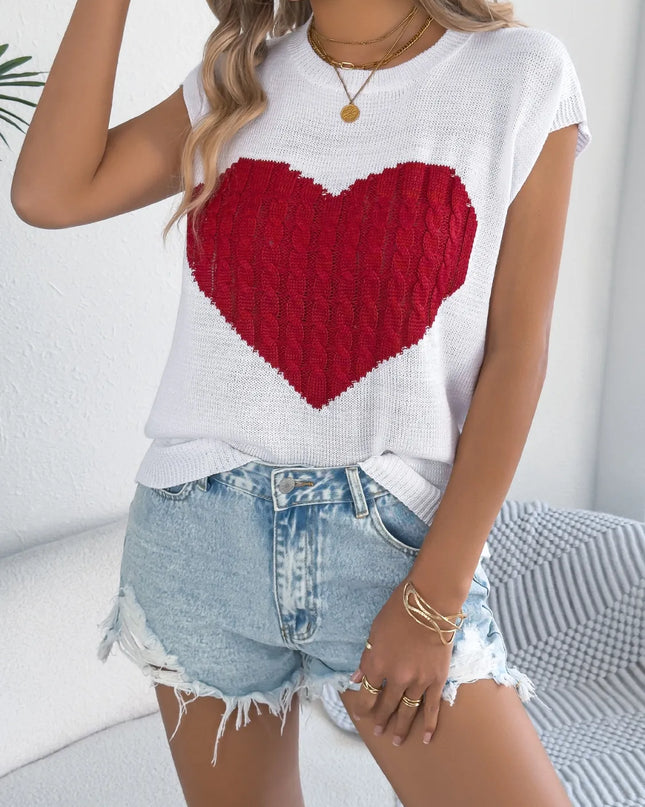 Cable Knit Heart Round Neck Cap Sleeve Knit Top