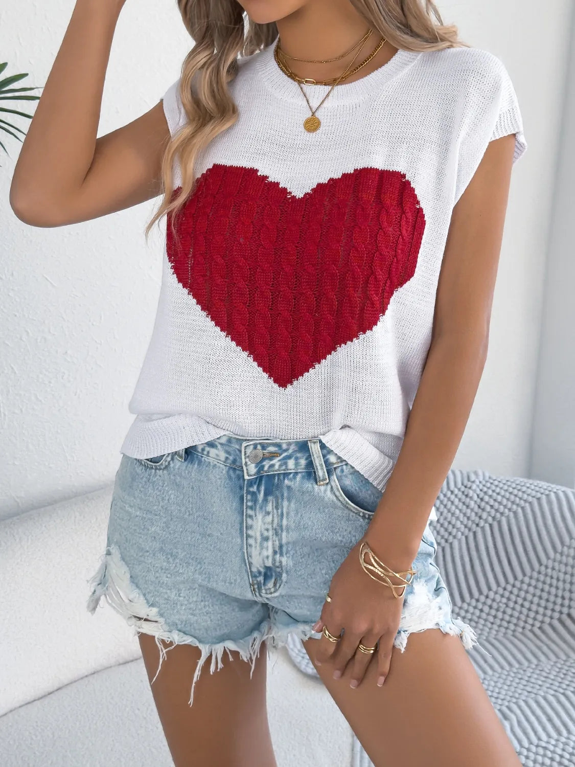 Cable Knit Heart Round Neck Cap Sleeve Knit Top