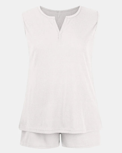 Full Size Waffle-Knit Notched Top and Shorts Set