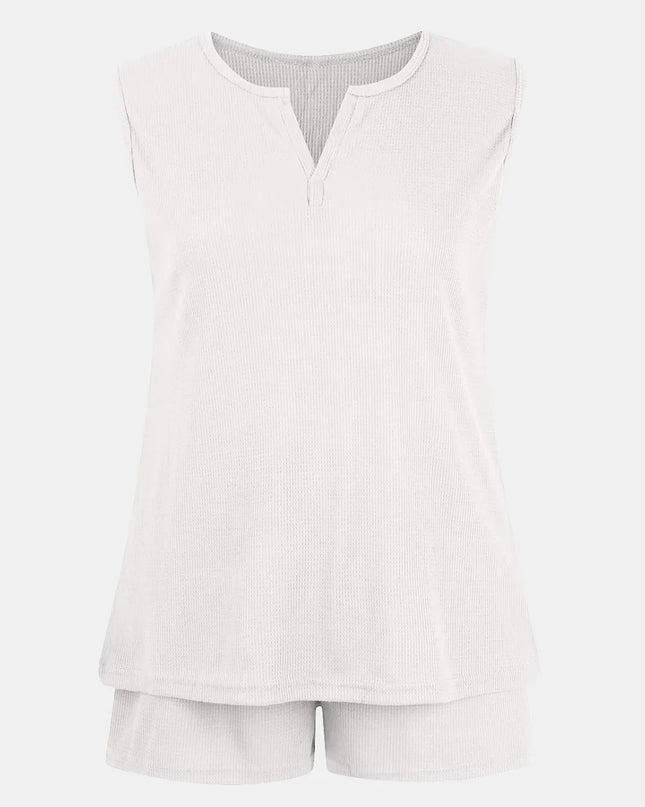 Full Size Waffle-Knit Notched Top and Shorts Set