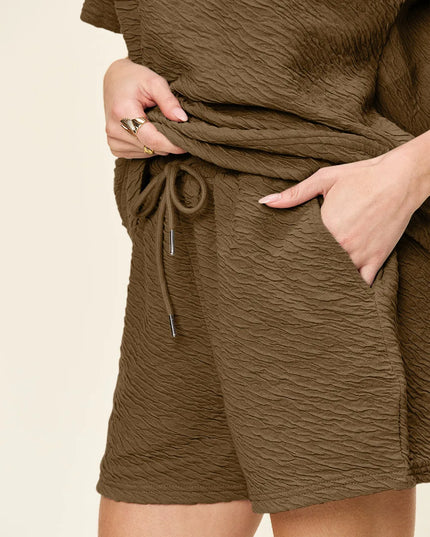 Double Take Full Size Texture Short Sleeve T-Shirt and Drawstring Shorts Set