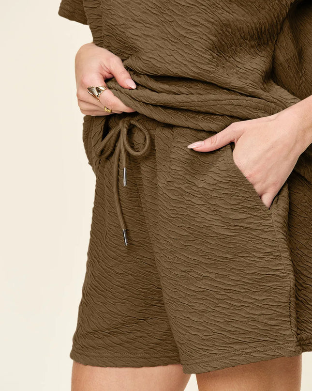 Double Take Full Size Texture Short Sleeve T-Shirt and Drawstring Shorts Set