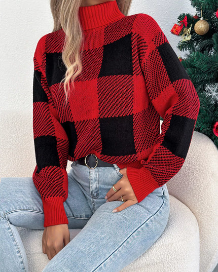 Christmas Plaid Long Sleeve Turtleneck Sweater